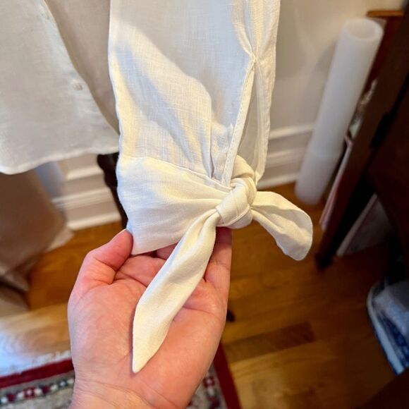 EEUC‎ Saks Fifth Avenue White Linen Button Front Shirt Top blouse Tie Cuff SMALL - Picture 5 of 5